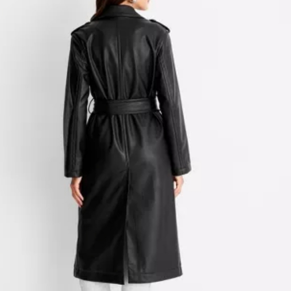 Black Faux Vegan Leather long belted Trench Coat S womens - Picture 3 of 13